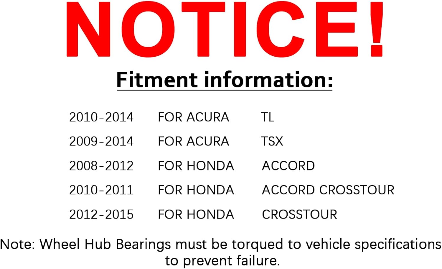 MAYASAF 510095 Front Wheel Bearing for Honda 2008-2012 Accord/10-11 Accord Crosstour/12-15 Crosstour, for Acura 2010-2014 TL/09-14 TSX