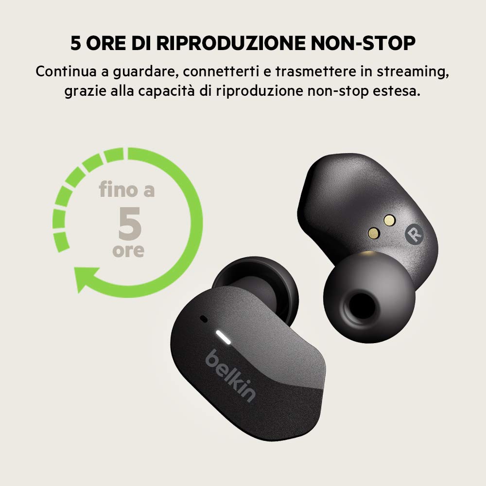 Belkin SoundForm Auricolari true Wireless (Cuffie Bluetooth per iPhone, Samsung, Google, controlli touch, Custodia di Ricarica Portatile, riproduzione 24 ore, isolamento rumori, anti-sudore) Nero