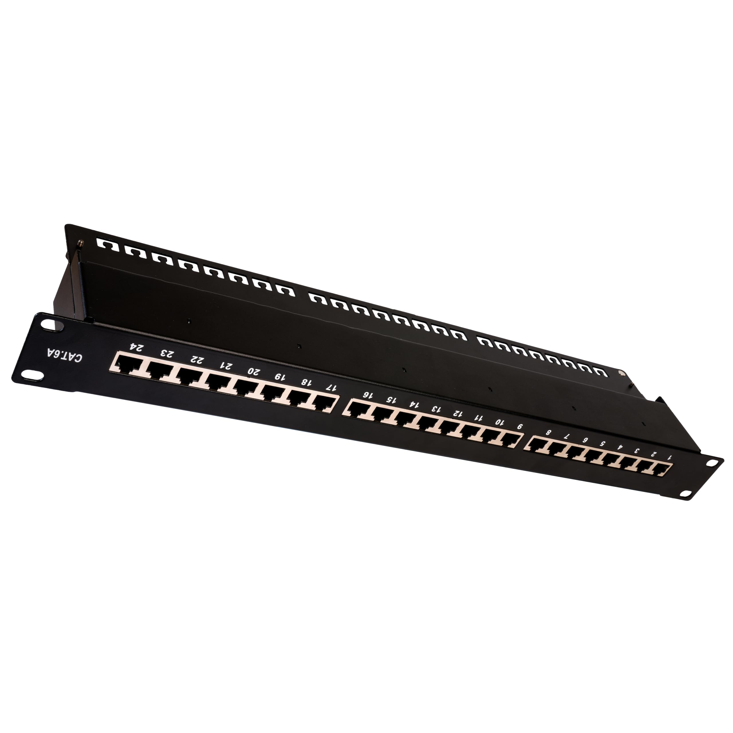 BIGtec Patchpanel 24 Port CAT6a 19 Zoll schwarz Patchfeld Verteilerfeld geschirmt 24x RJ45 Anschluß 19" Rackeinbau Servermontage Netzwerkschrank