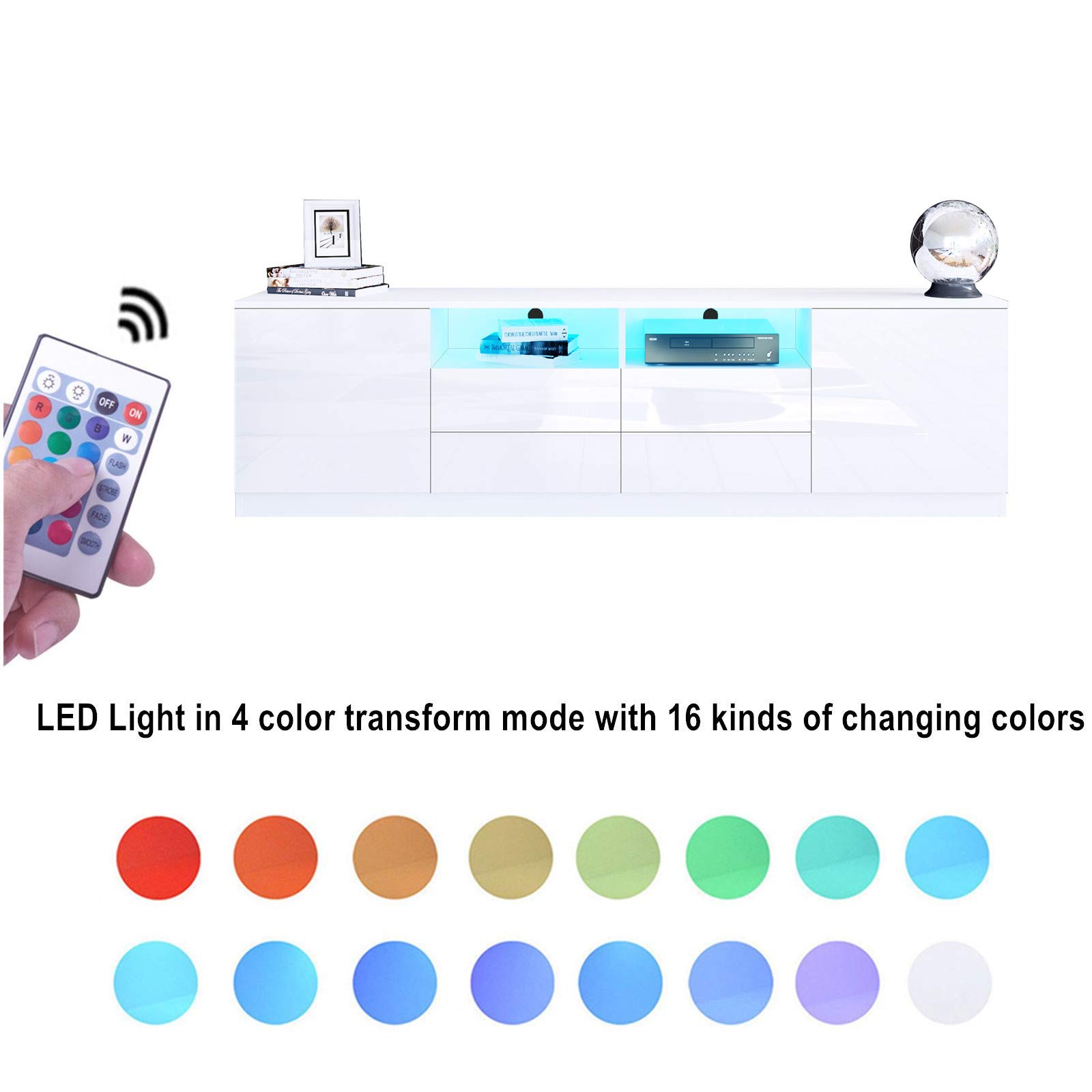TV Lowboard für Wohnzimmer, Weiß Hochglanz TV Schrank mit LED | 2 Türen 4 Schubladen, Modernes Fernsehschrank für Wohnzimmer Schlafzimmer Möbel 180cm