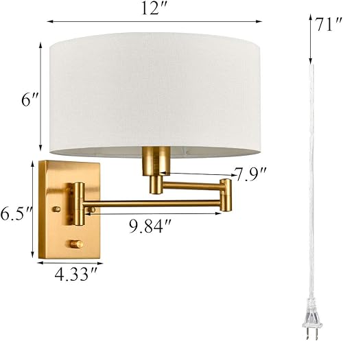 Miniatura 5 de Juego de dos apliques de pared dorados enchufables de latón con brazo oscilante, aplique de pared con cable con interruptor para dormitorio y sala