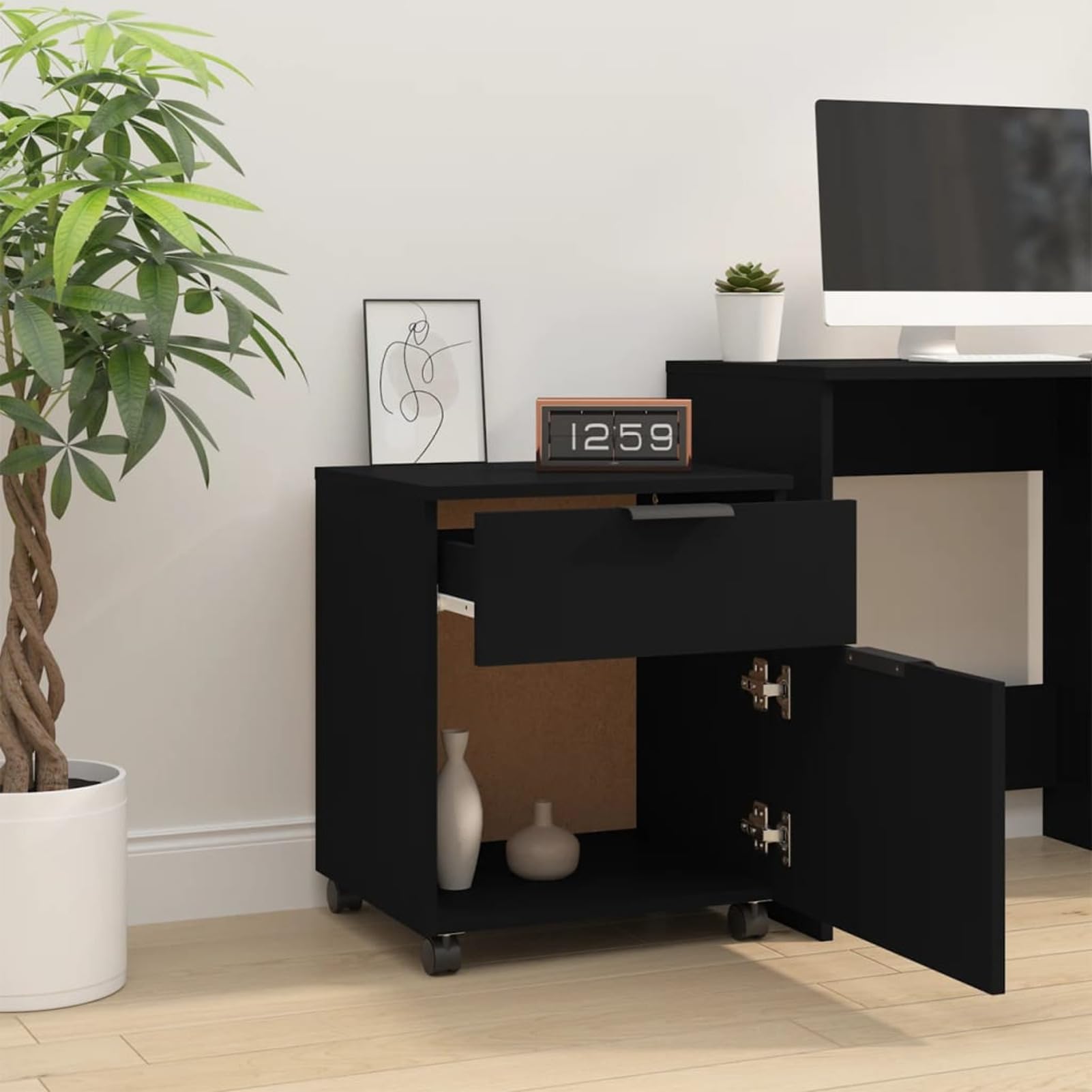 Schedario con Ruote Nero 45x38x54 cm in Legno Multistrato,Cassettiera, Mobiletto da Ufficio con Serratura,Regolabile per Cartelle Sospese, Superficie Testurizzata, per Ufficio, Studio