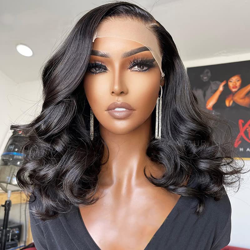 Maycaur Natural Black Color Wavy Hair Full Lace Human Hair Wigs Body Wave Lace Front Wigs With Natural Baby Hair 150 Density(14Inch, lace front wig)