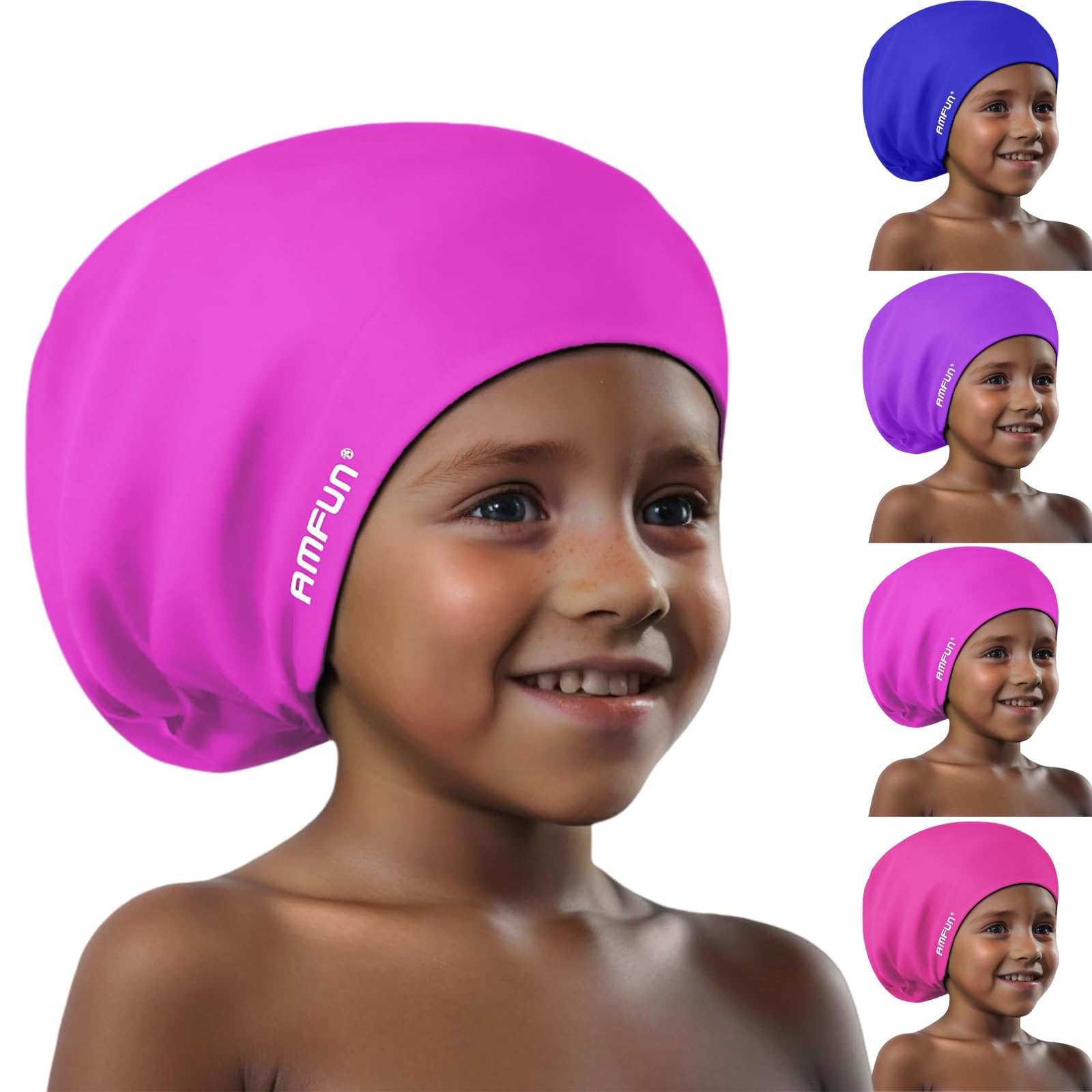 AMFUN Kids Swimming Cap,Silicone Swim Cap, Waterproof Anti Slip Stretchable Ear Protection, Odour Free Chlorine Resistant Comfort Fit for Pool Beach Swimming
