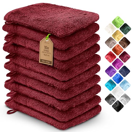 NatureMark 10x Gants de Toilette en Frotte 100% Coton – Doux et Résistants, Idéal pour Le Soin Quotidien et Les Invités – Bordeaux Rouge, 15x21 cm