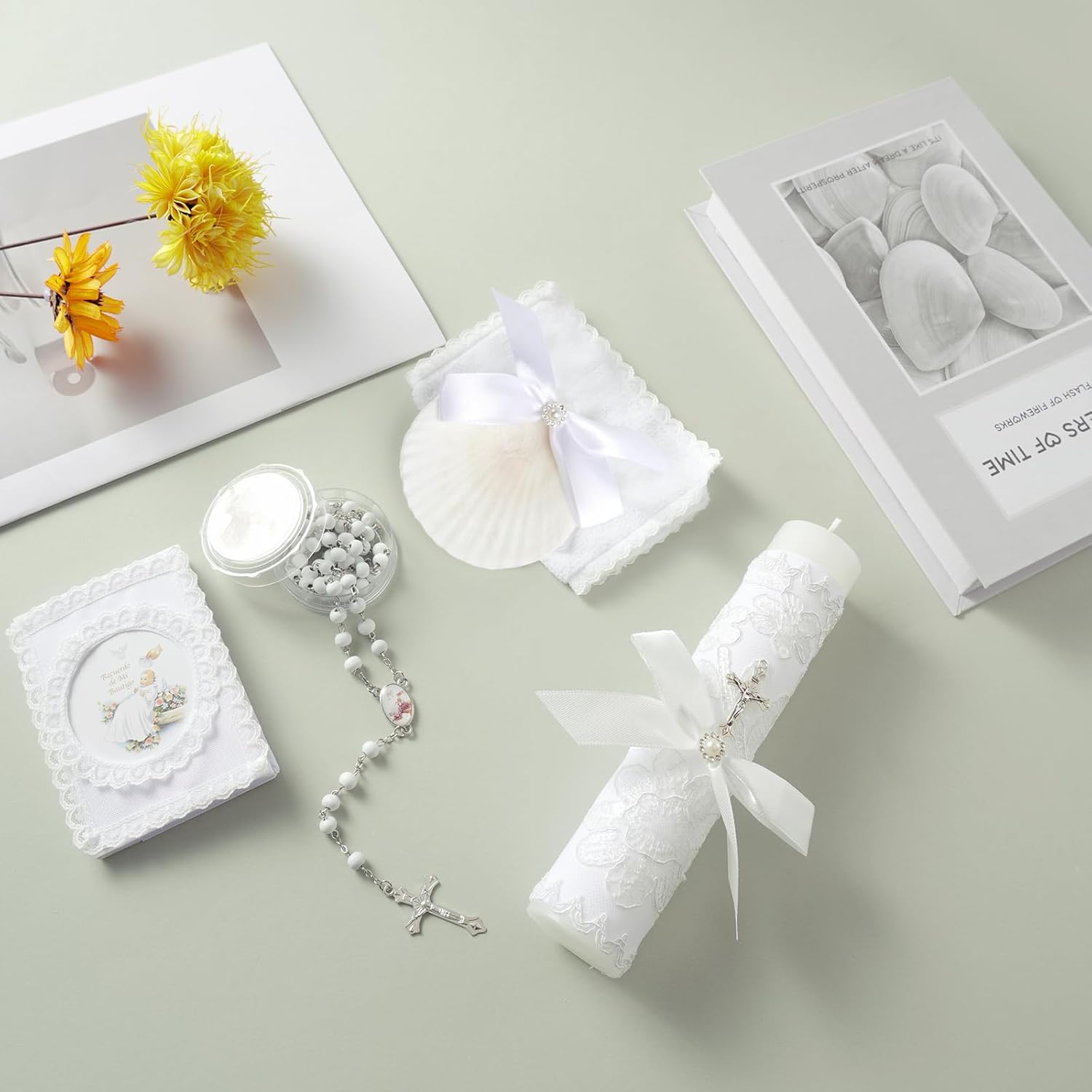 Baptism Candle Set for Boys Girls,5 PCS Baptism Kit Catholic Candle,Baptism Towel,Baptismal Shell,Rosary,Bible for Baby Dedication Christening Gift,Velas para Primera Comunión De Niño Bautizo De Niña