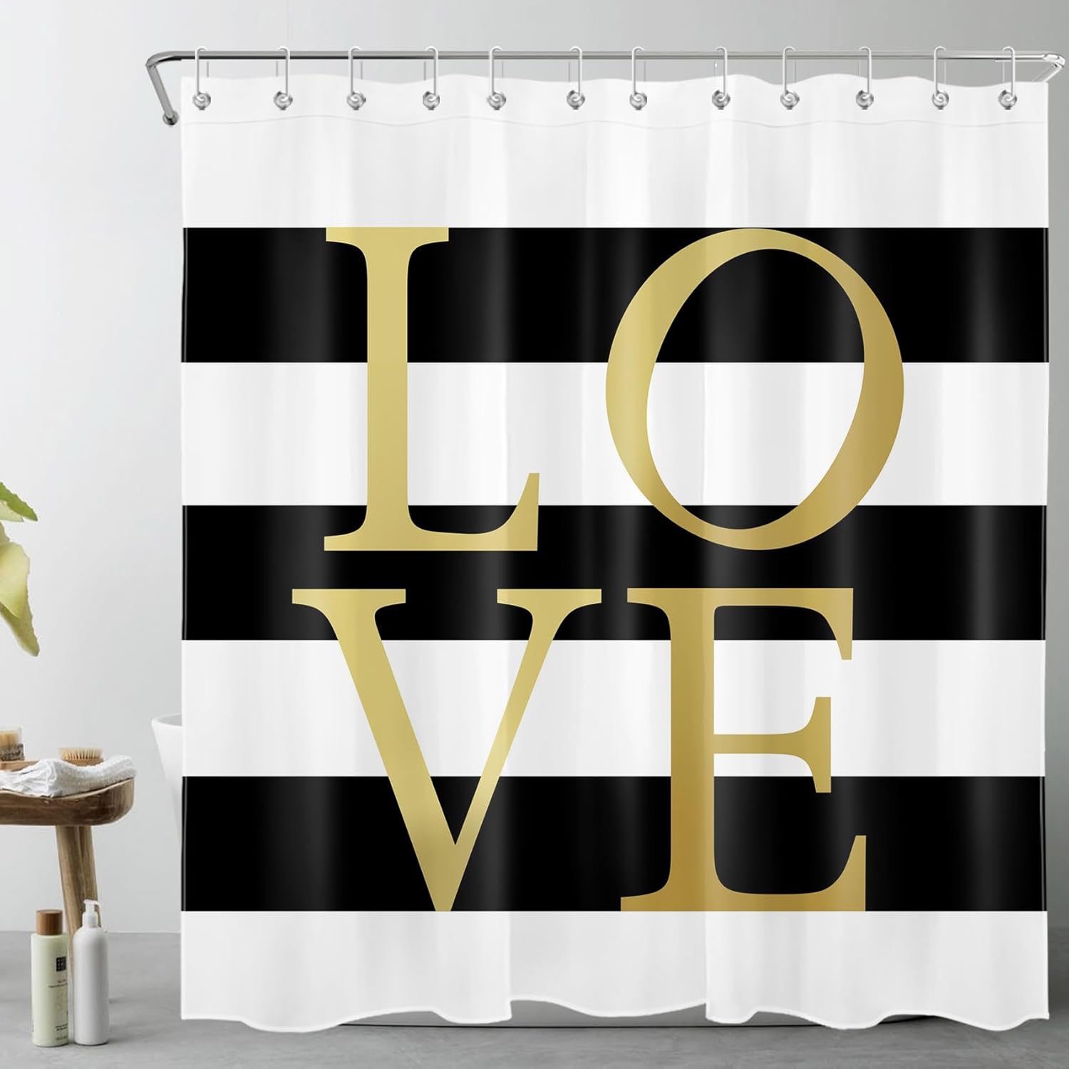 LB Black and White Striped Gold Love Shower Curtain,Romantic Lover Shower Curtain Extra Long Fabric Bathroom Decor Curtain 69x78 Inch with Hooks