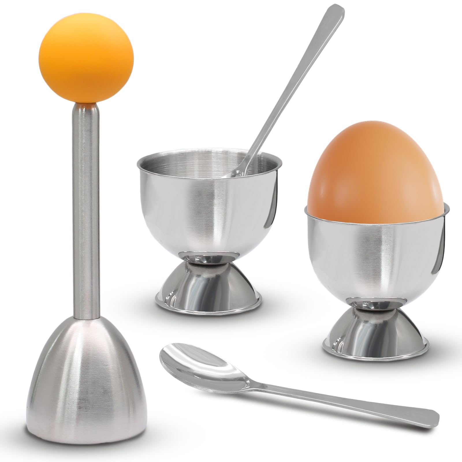 Lot de 5 coquetiers et décoration - 1 emporte-pièce en acier inoxydable - 2 porte-œufs pour œufs durs - 2 cuillères à œufs durs