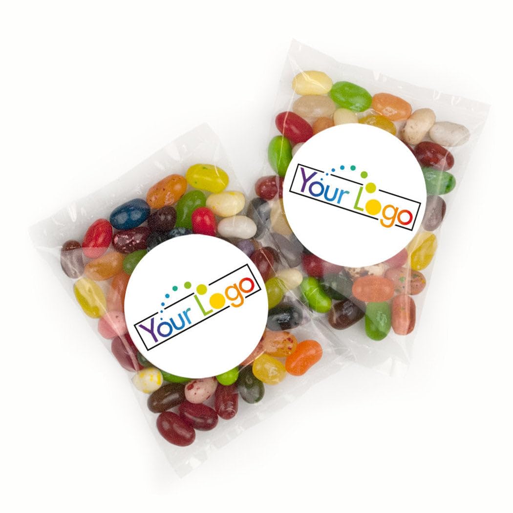 50ct Personalized Candy Promotional Products Candy Bags w/Jelly Beans, Custom Logo Giveaways (50 Pack) - Assorted Flavors