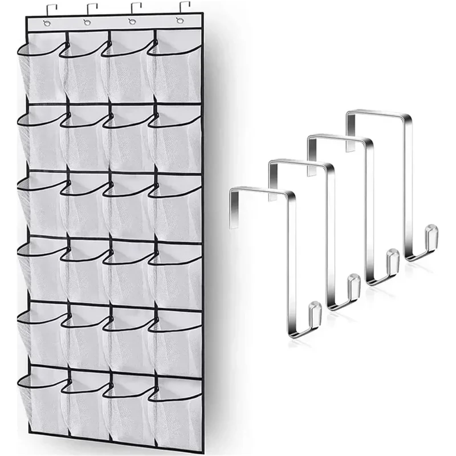 Schuhregal Wandmontage Wandmontierter Schuh-Organizer mit 24 Fächern, Stofftasche, Netzfach, transparent, for Aufhängen über der Tür(Black)