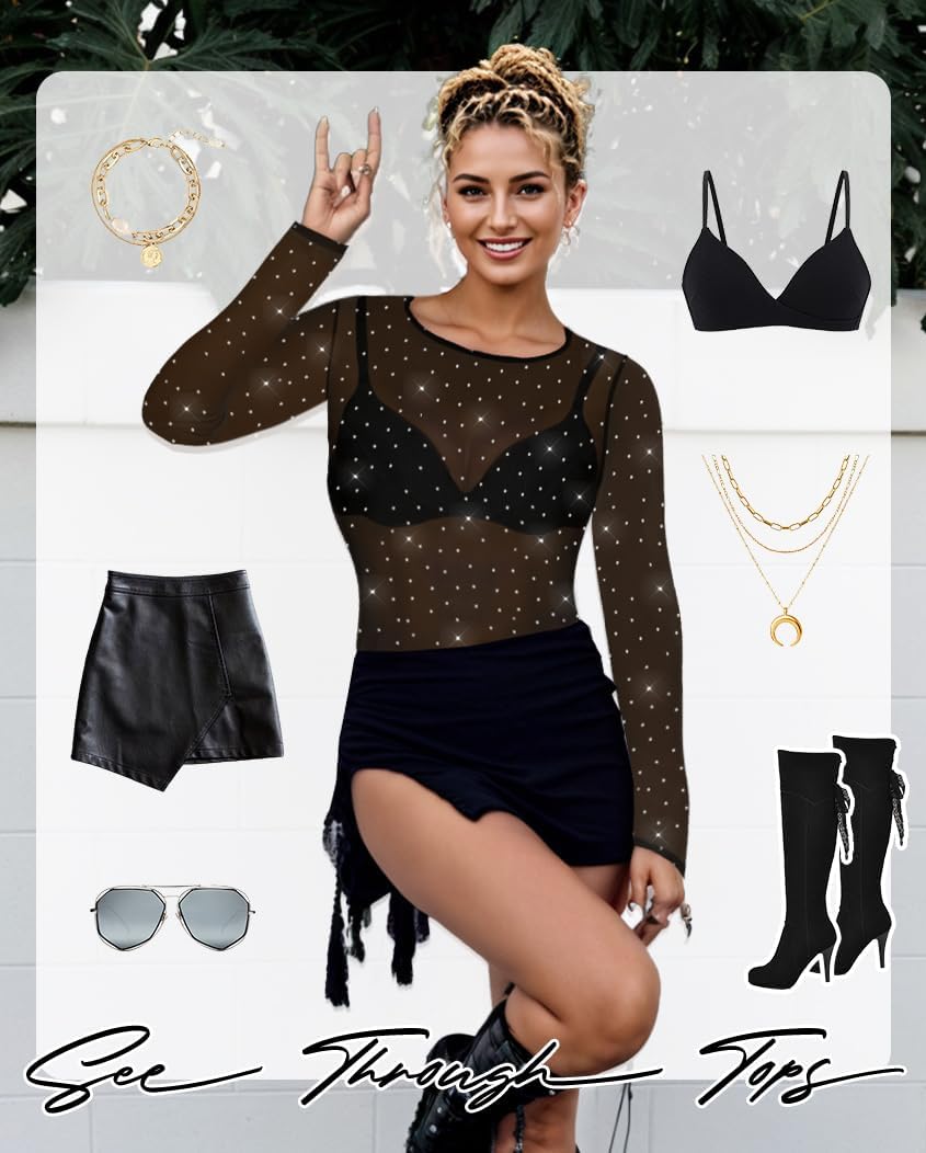 Women's Mesh Tops Sheer Long Sleeve Tee Shirts Bodycon See Through Blouse Clubwear - Image 4