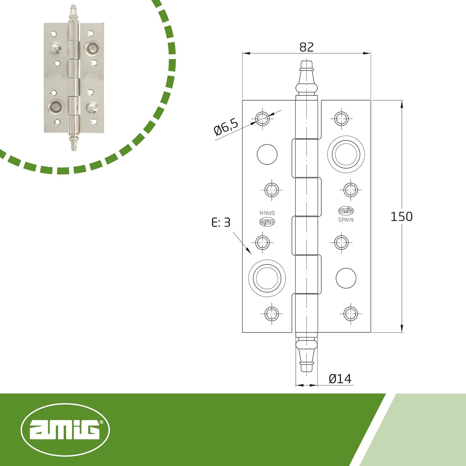 Amig - Safety Hinge | 150 x 82 x 3mm | Square Edges | Decorative Finish | Fixed Entry Doors | Shiny Silver Steel