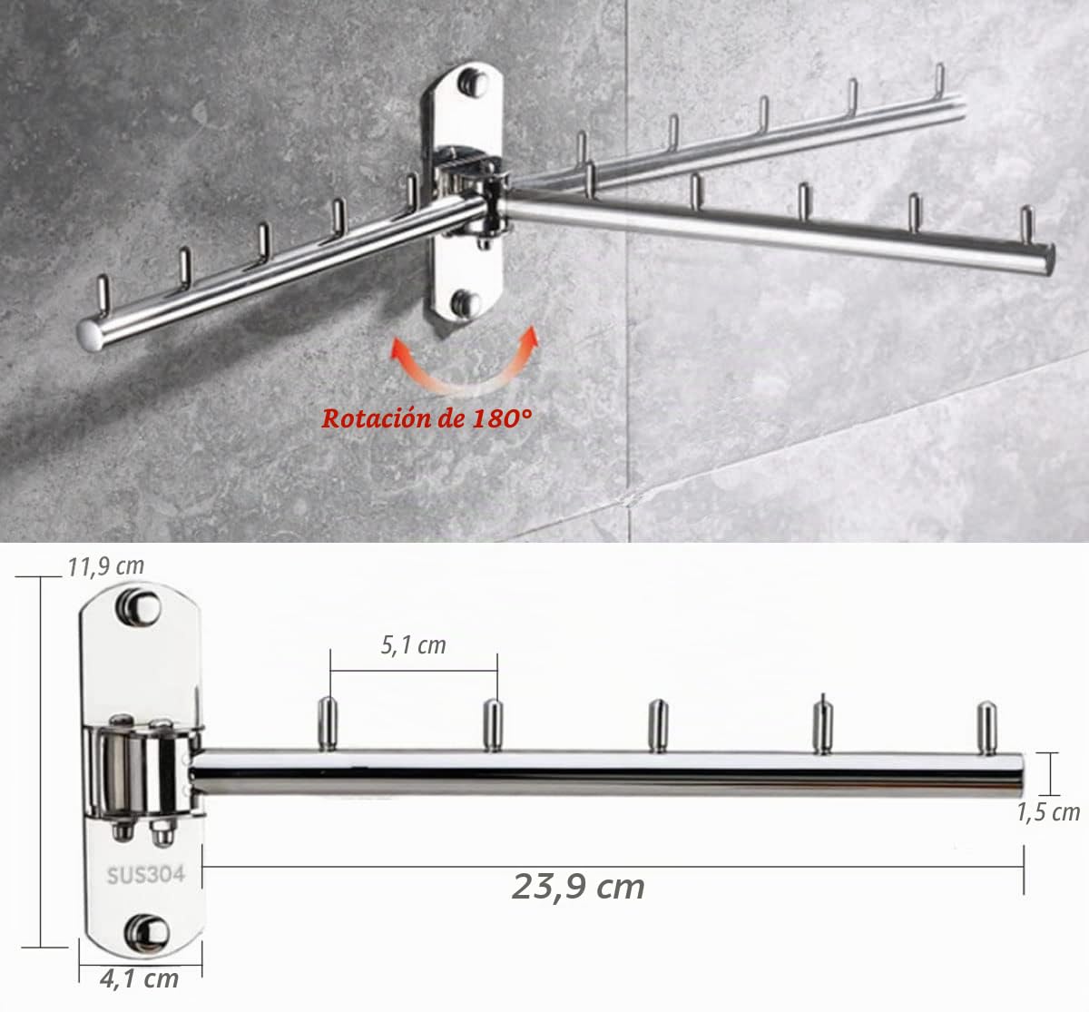 Percha de Ropa con Brazo oscilante, Colgador de Ropa Plegable montado en la Pared, Estante de Secado de Acero Inoxidable 304, Soporte de Gancho Plegable para Colgar (Plateado)