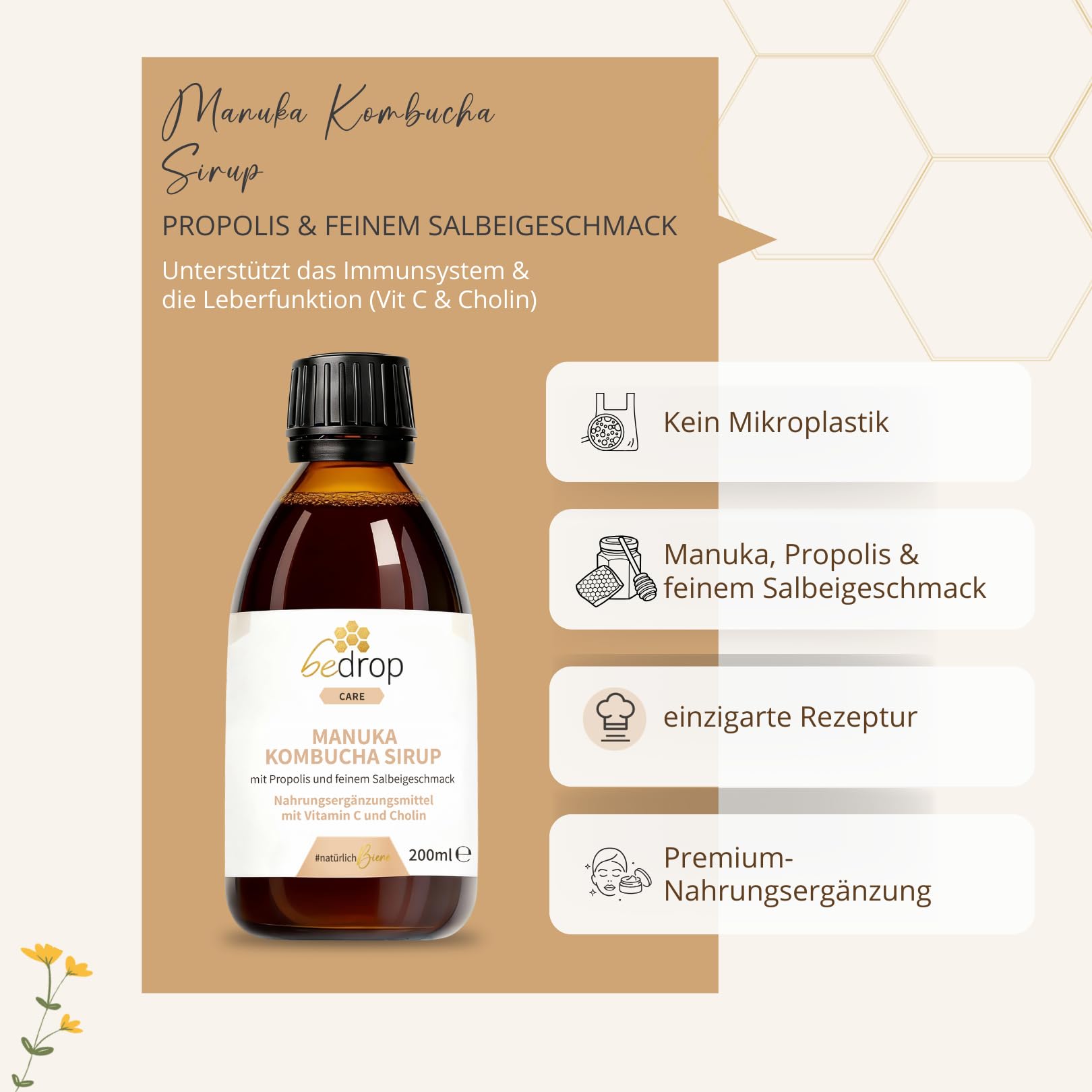 bedrop Manuka Kombucha Sirup I Mit Cholin und Vitamin C I Mit hochwertigem Manuka Honig +500 MGO & Propolis Extrakt - 200ml