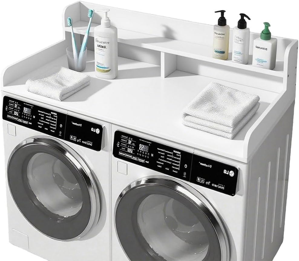 2-Tier Washer Dryer Countertop with 2.75" Protective Rails, 54" W x 27.5" D Laundry Topper with Non-Slip Pad and Shelf, Wood Laundry Room Organizer for Folding Clothes, Black,White