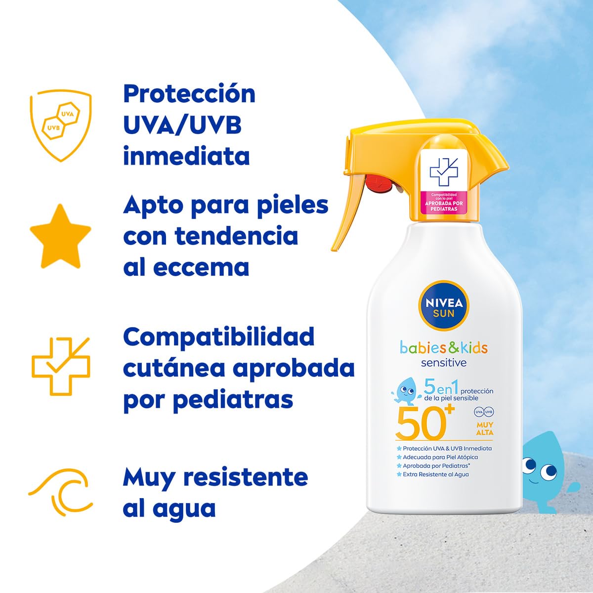 NIVEA SUN Babies & Kids Sensitive - Spray FP50+ - Protector Solar Infantil - Protección UVA/UVB - Resistente al Agua - Crema para Bebés y Niños - Piel sensible - Desde 6 meses - 250 ml