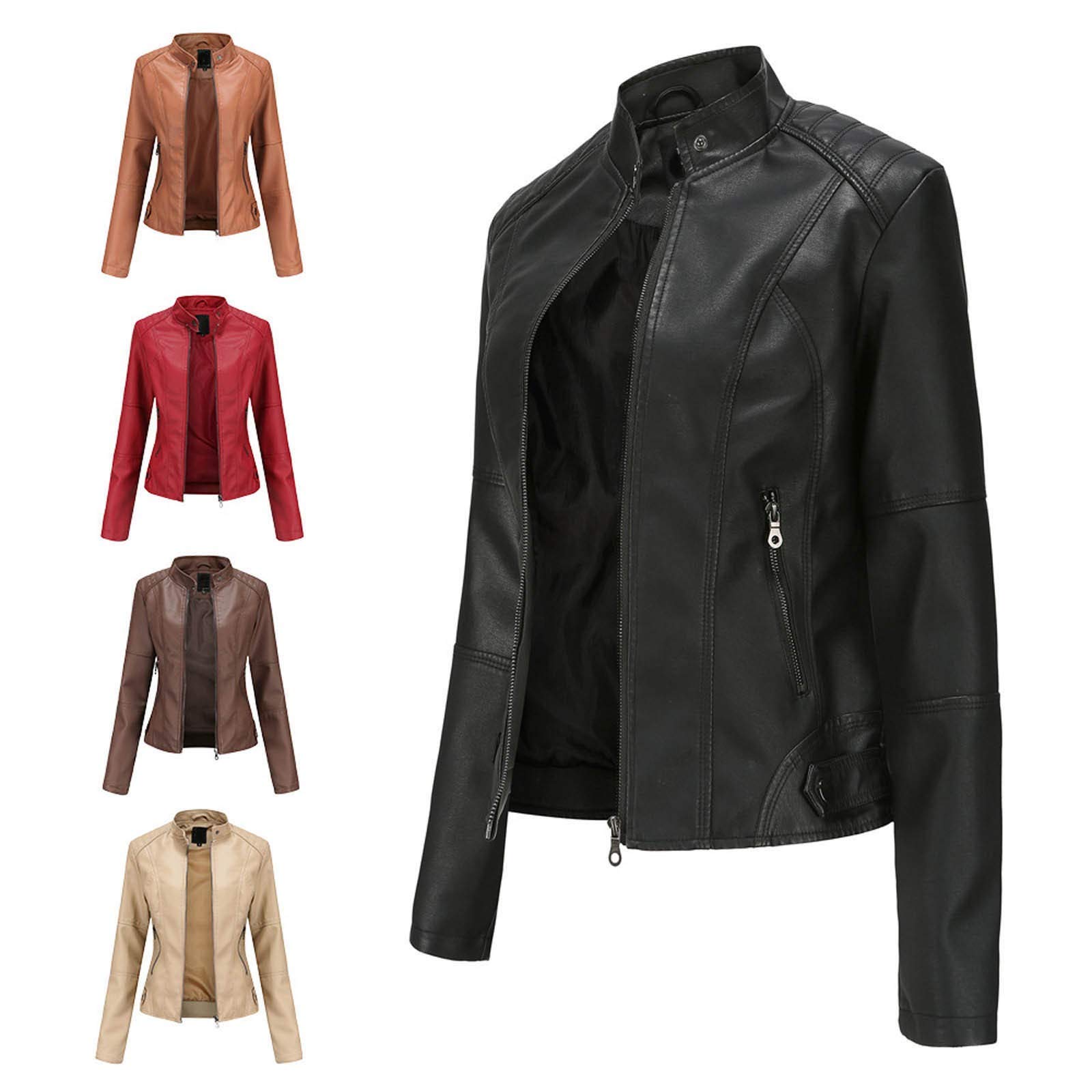 Generisch Veste en cuir synthétique pour femme - Noir - Automne et hiver - Courte - Décontractée - En cuir synthétique - Coupe ajustée - Avec poches zippées et boutons