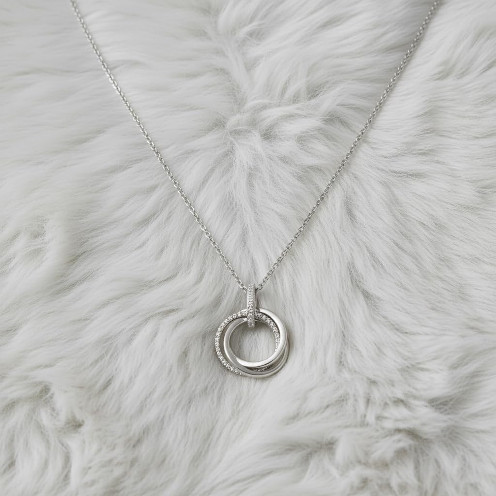 Jewelili Sterling Silver or Rose or Yellow Gold Plated Sterling Silver Circles Pendant Necklace for Women | 1/6 CTTW Natural White Round Diamonds | 18" Cable Chain | Luxury Jewelry| Gift Box Included