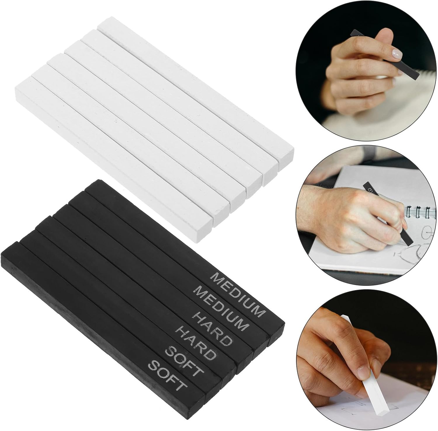 Professional Charcoal Sticks and Compressed Charcoal Set for Sketching and Shading, 6 Carbon Rods with 6 Highlights, Drawing Supplies for Artists and Teens, Suitable for Fine Art