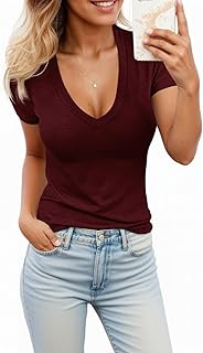 Fessceruna Womens Summer Sexy Short Sleeve Tshirt Tops Deep V Neck Shirts Casual Slim Fit Basic T-Shirt Tee
