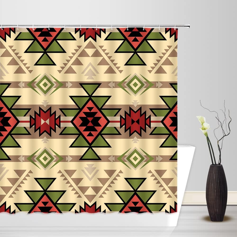 GCTNBJL Aztec Shower Curtain Southwestern Tribal Retro Native American Ethnic Navajo Vintage Abstract Geometric Boho Southwest Colorful Hipster Bathroom Curtain with Hooks,Green Red Beige