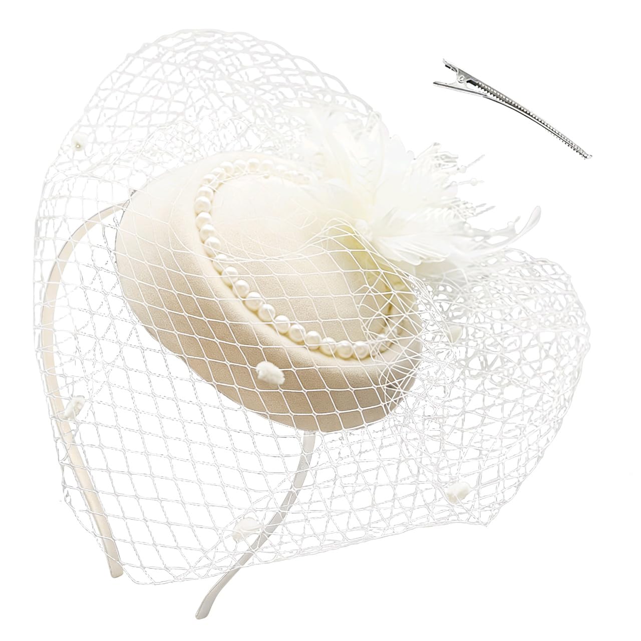 PATPAT® Beige Lace Fascinator Hat for Woman with Veil and Pearls, Vintage Feather Mesh Headband Cocktail Tea Party Headwear Vintage Ladies Hair Clip Fascinators Headpiece for Women for Banquet-image-5