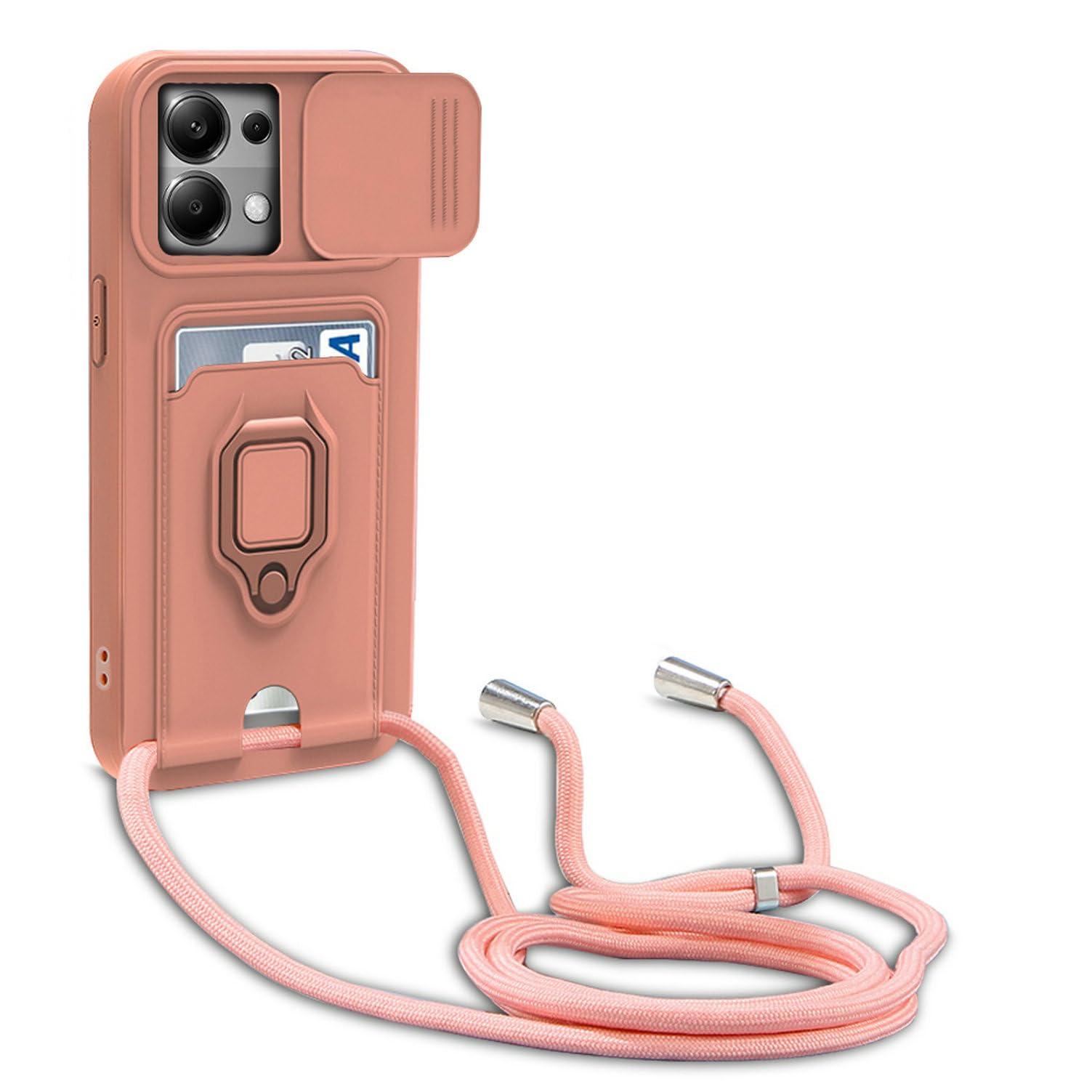 Funda Compatible con Xiaomi Redmi Note 13 Pro 5G/Poco X6 5G,Cuello Cordón Carcasa Silicona Suave,Ranura con Tarjetas,Carcasa Cubierta cámara Deslizante Proteger, Anillo Soporte (Pink)