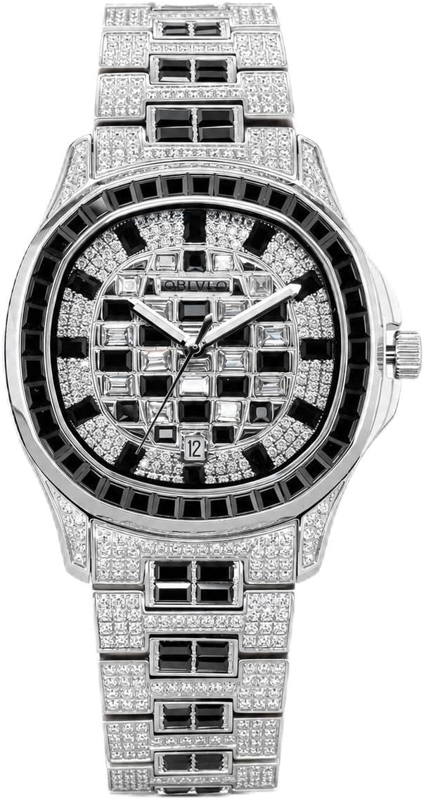 OBLVLO Crystal-Set Baguette Stone Iced Out Bracelet Watch, Automatic Watches