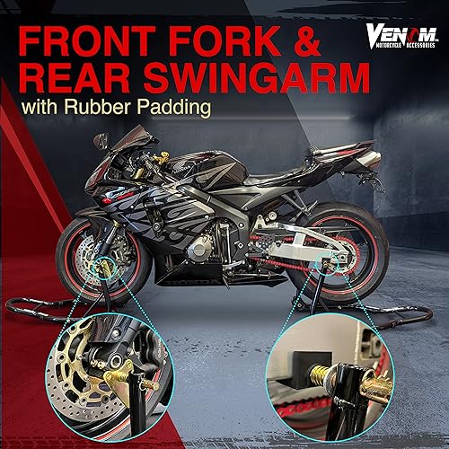 Venom Motorcycle Stand Lift, Front & Rear Combo, Universal Paddock Lift Stand, Front Wheel Fork Stand Rear Wheel Swingarm Paddle Stand, Compatible With Most Yamaha Honda Kawasaki Suzuki BMW Motorcycle
