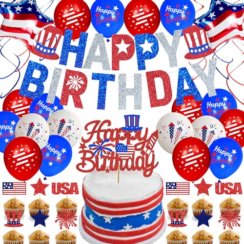 4th of July Birthday Decorations - Red White and Blue Birthday Decorations Patriotic Happy Birthday Banner Balloons Independence Day Birthday Party Decorations Supplies