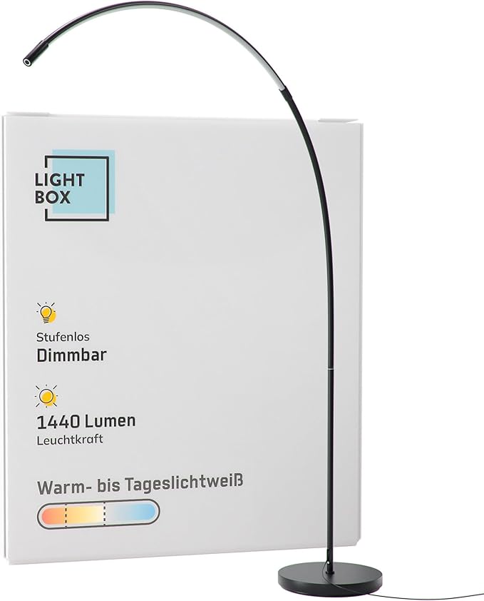 Lightbox Lightbox LED arc floor lamp | 1.7m high | Floor lamp with main switch, dimmable (CCT) | LED lamp (1440 lm, 18 W) | Floor lamp also as bedroom, office and hallway lamp | Made of metal in black