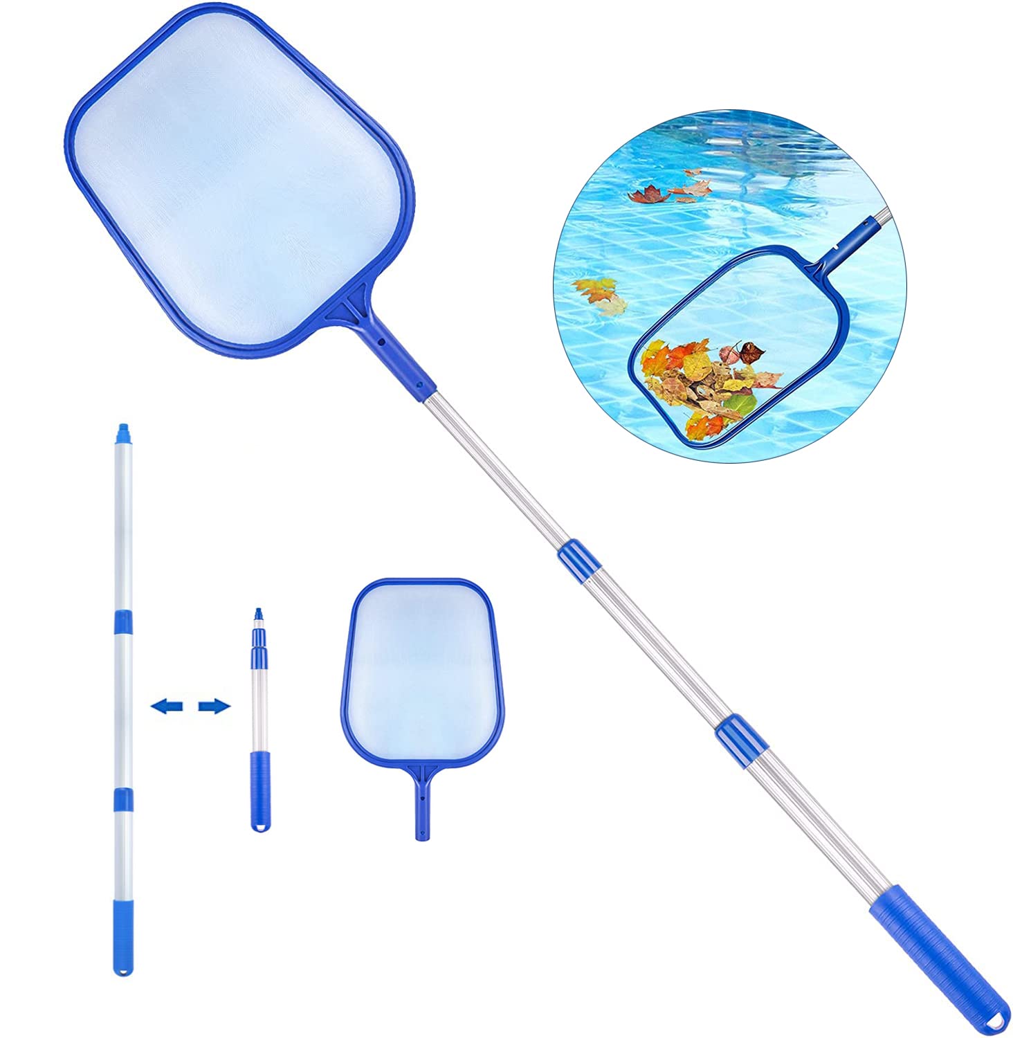 DSLIHA Pool Leaf Skimmer, Hot Tub Spa Leaf Cleaner Net, Leaf Rake, Fine Mesh Pool Net with 3 Way Aluminum Telescopic Pole, Swimming Pool Skimmer for Cleaning Spas, Swimming Pool, Hot Tubs, Fish Tank