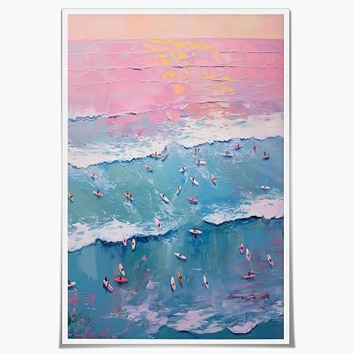 Póster de pintura de surf vintage, gente pequeña, arte abstracto de olas del océano, arte de pared costero rosa y azul, impresión en lienzo de moda