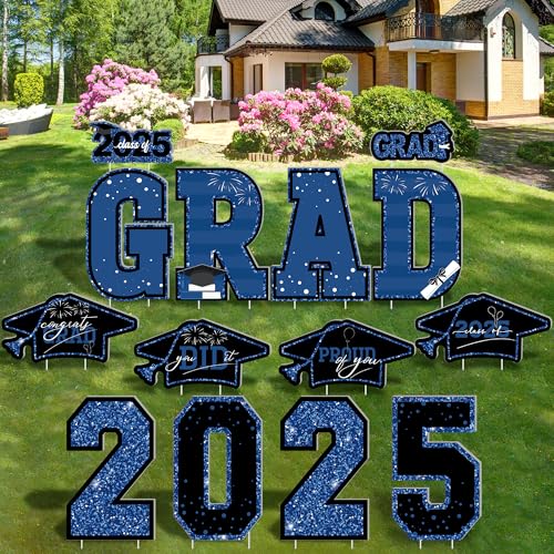 14 PCS Graduation Yard Signs – Blue Class of 2025 Congratulations Signs for School & College Graduation Parties