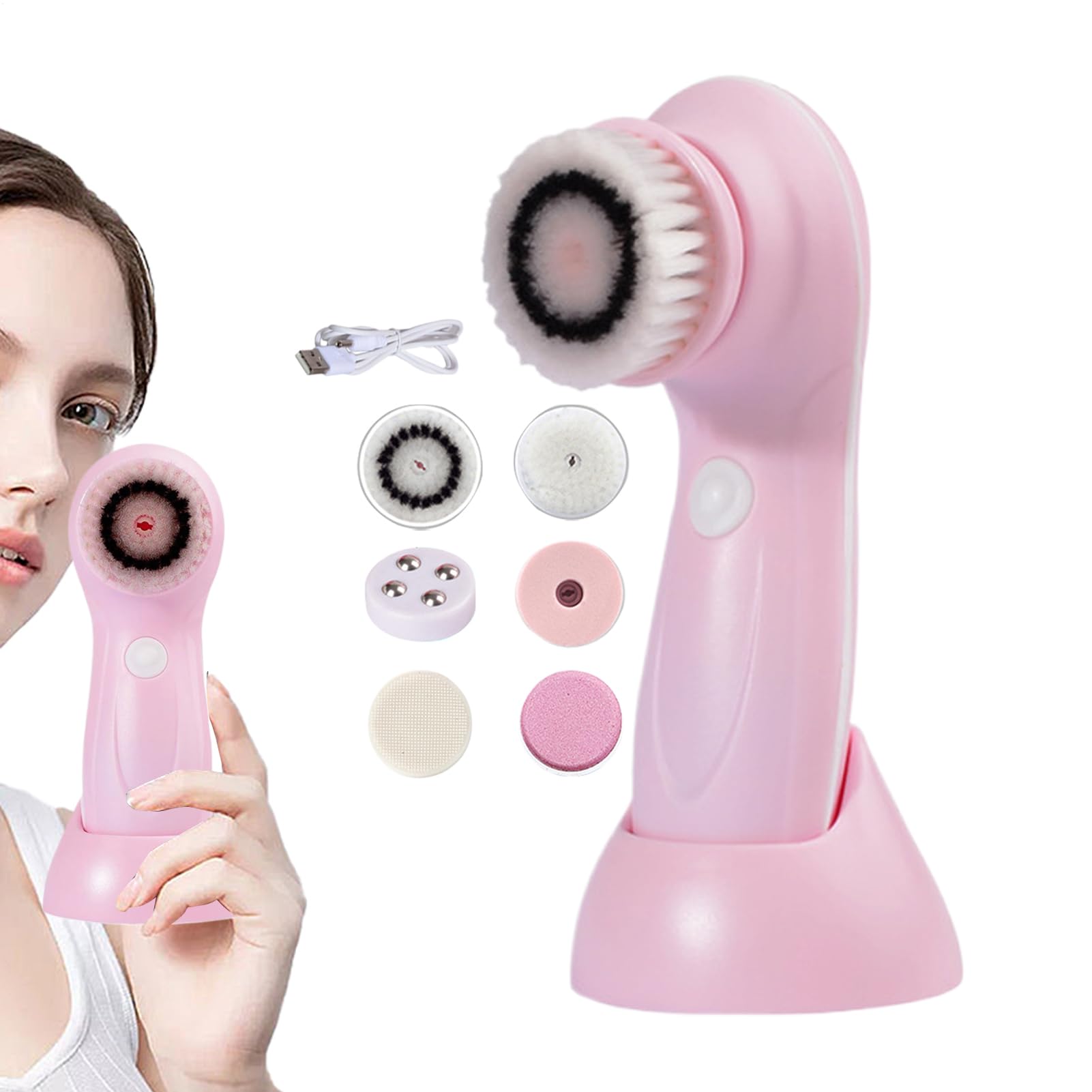 Limpiador facial – Limpieza de cepillo facial | Herramienta exfoliante facial con 6 cabezales de cepillo | de limpieza recargable para el cuidado de la piel limpia suavemente profundamente el