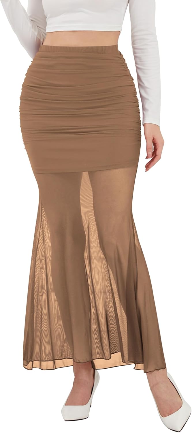 NASHALYLY Women's Mesh High Waisted Bodycon Mermaid Maxi Skirts Ruched Fishtail Long Skirt