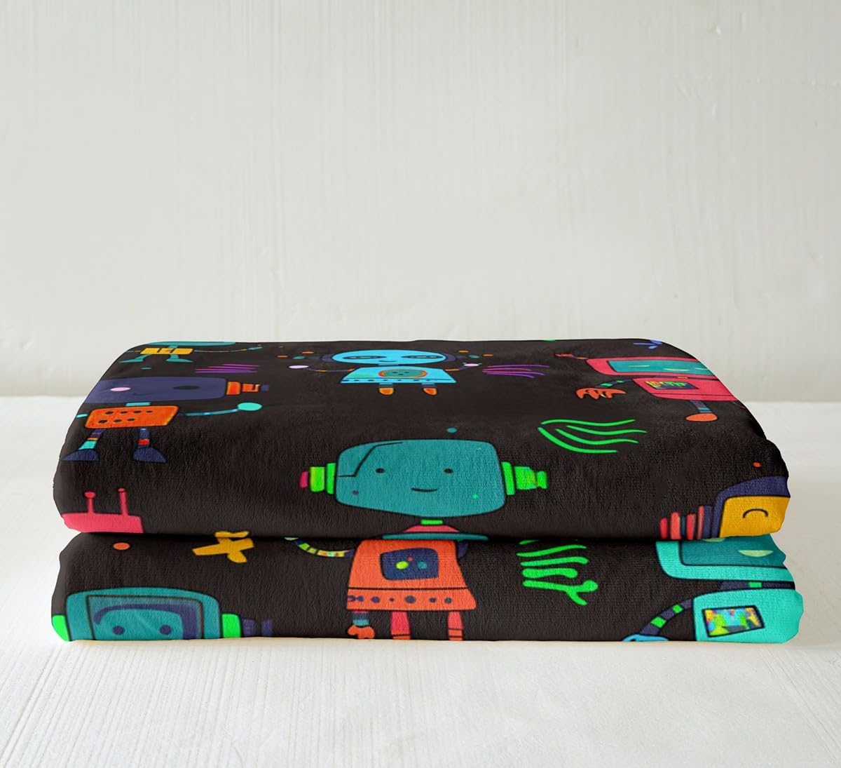 Erosebridal Kawaii Throw Blanket Cute Robots Fleece Blanket,Kids Boys Girls Watercolor Robot Blanket 50"x60" Modern Cartoon Super Robot Toddler Blanket,Colorful Kawaii Room Decor,Black