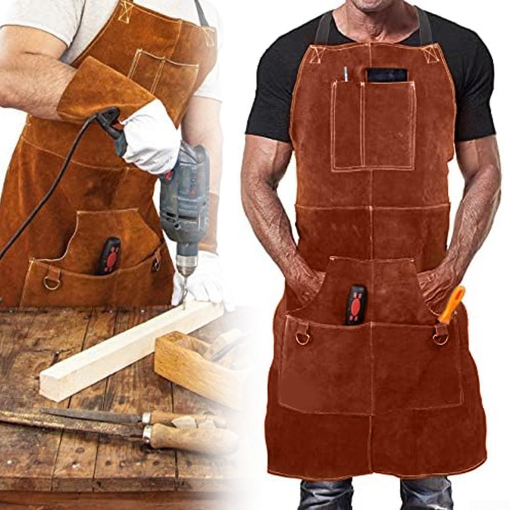 Tablier de soudeur en cuir de vache robuste avec 6 poches pour homme résistant à la chaleur et aux flammes, protection d'atelier, rangement d'outils de forgeron, marron