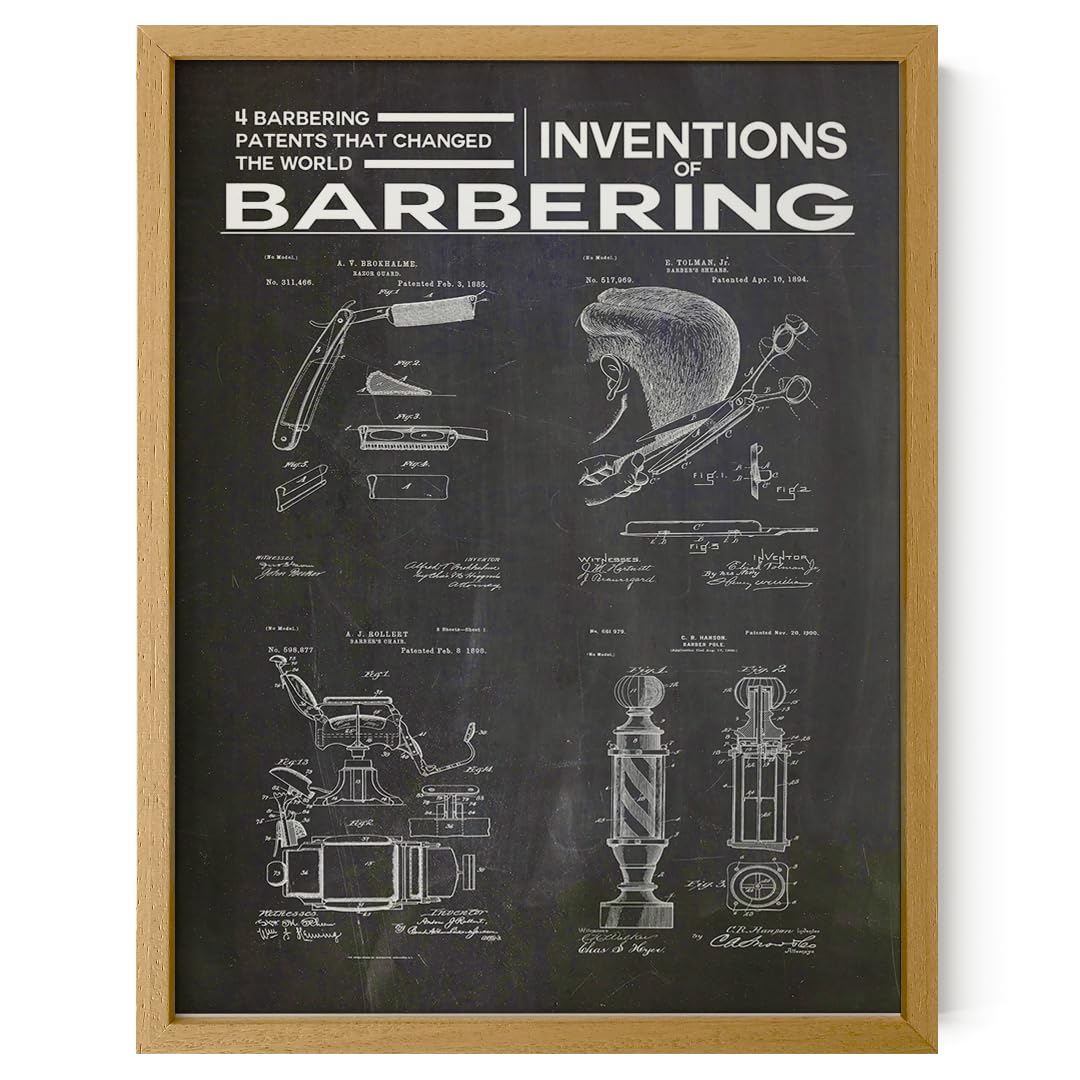 WallBUddy Barbering Patent Poster | Blaupause Für Die Wandkunst Mit Rasiermesser, Friseurstuhl, Friseurstange und Scheren Für Friseure und Pflegestudios | Eichenrahmen, 30,5 x 40,6 cm