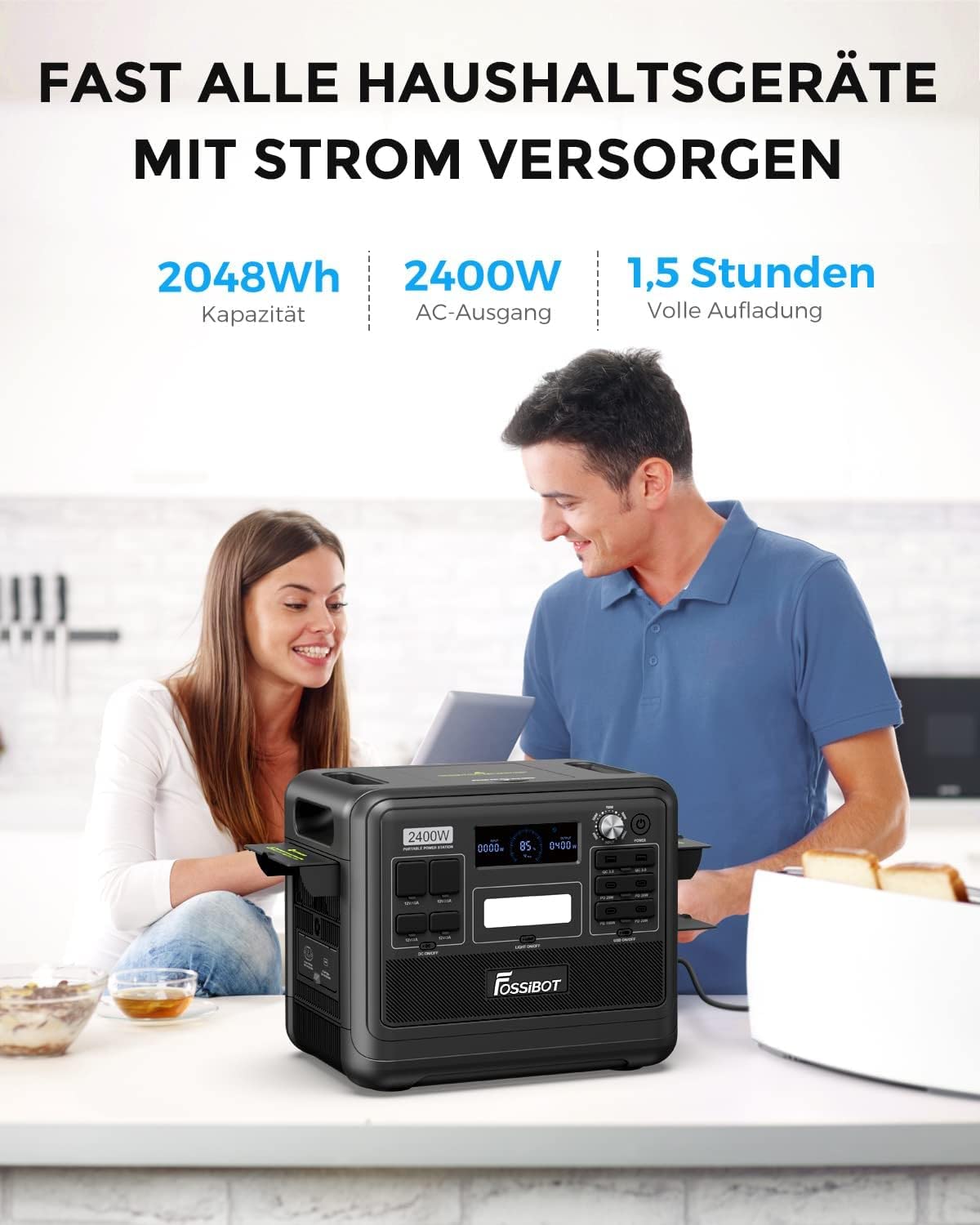 FOSSIBOT Generatore Solare F2400, Pezzo con Pannello Solare da 400W, LiFePO4 da 2048 Wh, Uscita AC da 2400W, Centrale Elettrica Portatile Adatta per Case, Campeggio e Situazioni di Emergenza