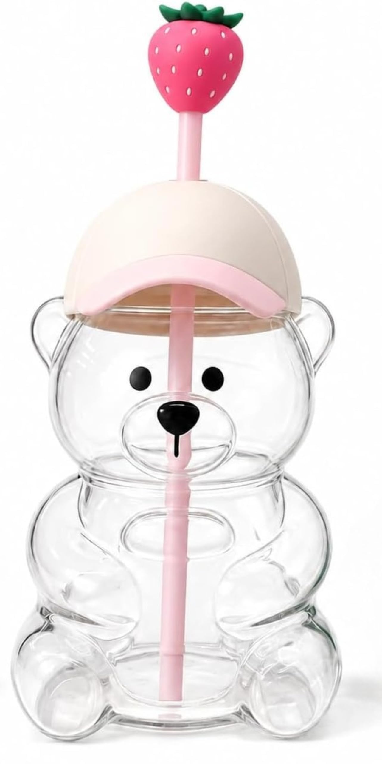 Bear Cup with Lid and Straw, 20oz Borosilicate Glass Mug for Hot & Cold Drinks, Cute Bear Shaped Tumbler, Leak-Proof Gift for Valentine‘s Day & Holidays (Strawberry Straw)