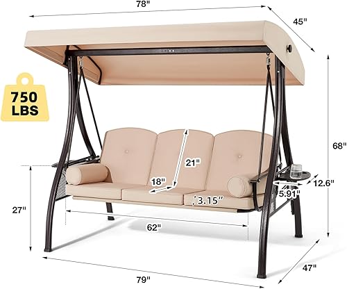 Miniatura 2 de HOMREST Columpio para porche al aire libre para 3 personas con portavasos mejorado de 1.5 pulgadas, toldo ajustable, respaldo, cama columpio de