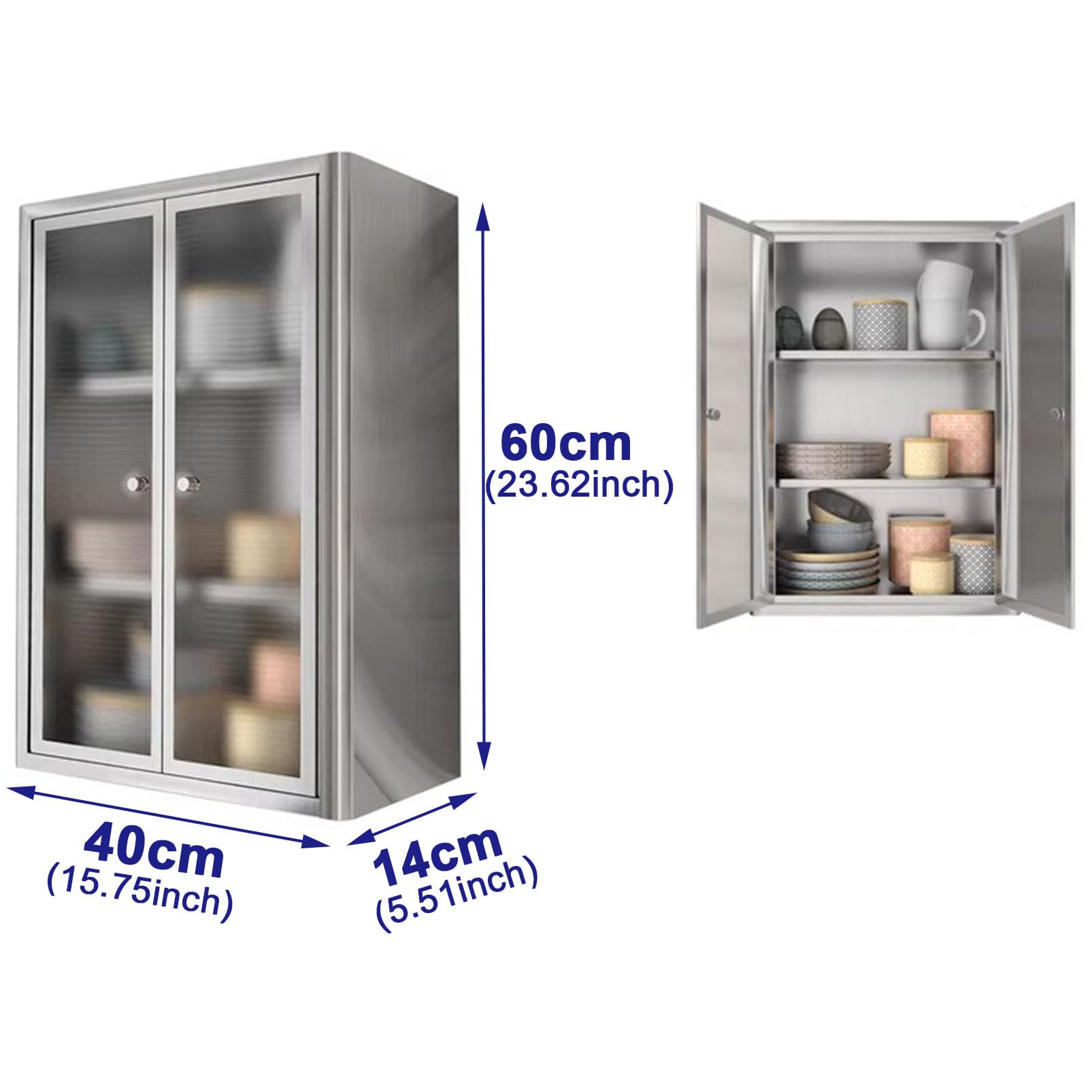 Armoire Murale en Acier Inoxydable, Organisateur Peu encombrant pour Placard de Cuisine avec étagères réglables, Armoire à Pharmacie de Salle de Bain avec Portes vitrées