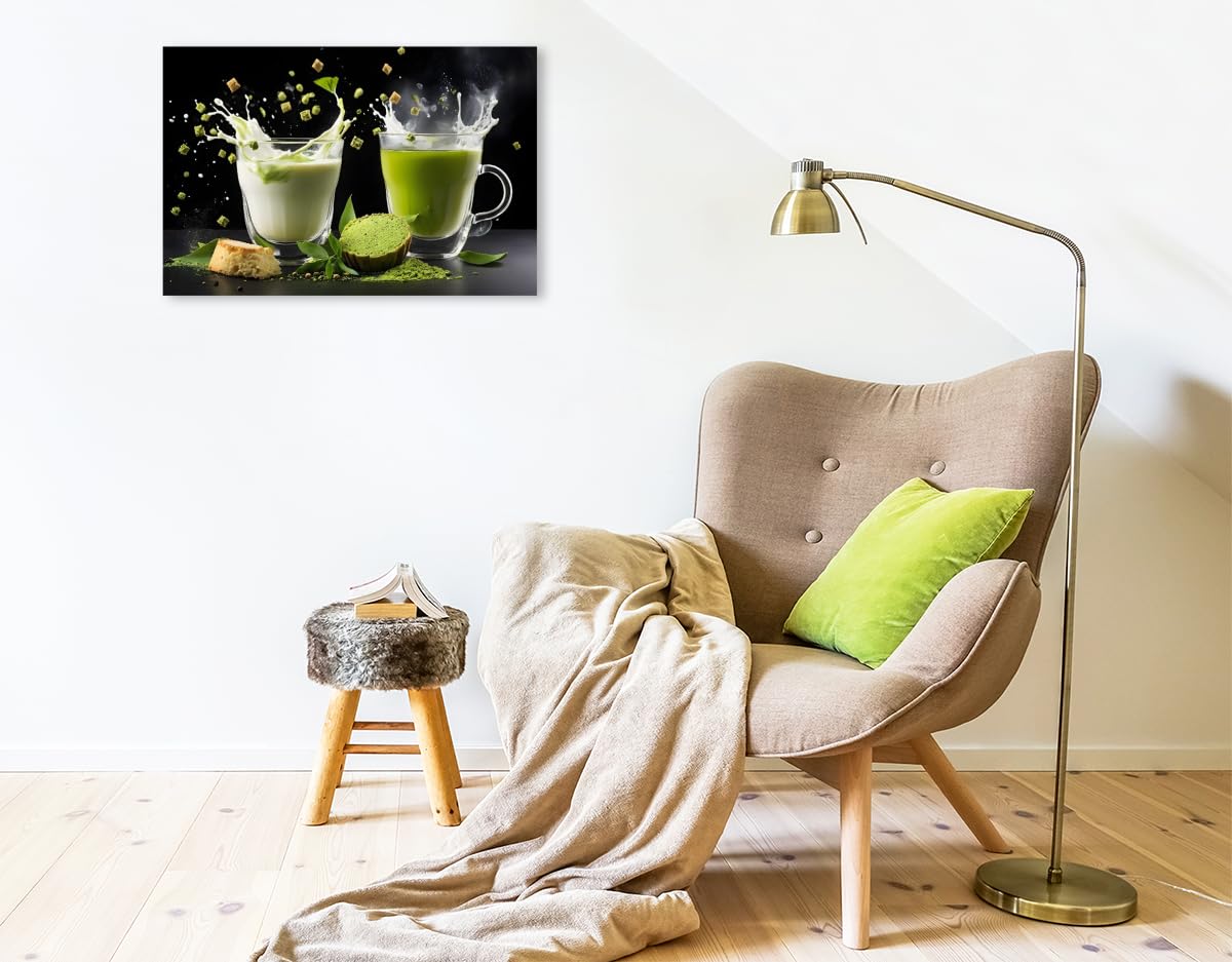 CALVENDO · Vegane Matcha-Latte-Drinks mit Hafermilch und Matcha (Leinwand) | 75 × 50 cm Querformat · Textil-Leinwand auf Keilrahmen · Trendige Matcha-Genusskreationen
