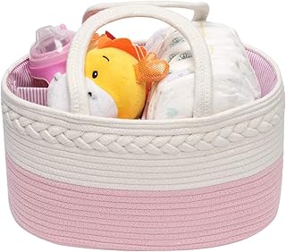 Organiseur à couches pour bébé avec 3 compartiments, corde de coton tissée, multifonction, pour chambre d'enfant, sac à couches portable rose
