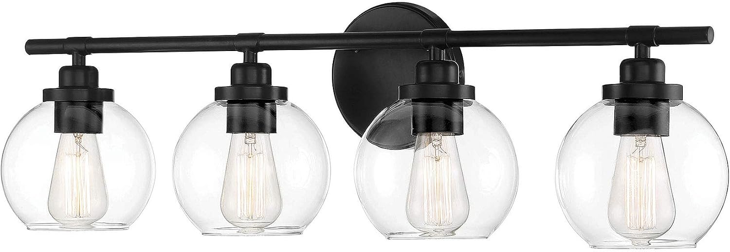 Savoy House 8-4050-4-BK Carson Mid-Century Modern Clear Glass Bathroom Vanity, 4-Light 240 Total Watts, 9" H x 30" W, Matte Black