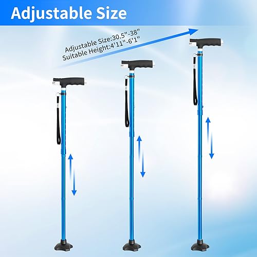 Miniatura 7 de BeneCane Bastón plegable para mujer, bastón plegable para hombres con dos luces LED, bastón cuádruple con base estable, ligero y ajustable (negro y