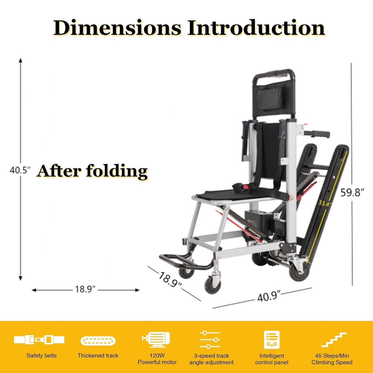 Montascale Elettrico Nero Multifunzione,Carrello Scalatore con Telaio Modulabile,Catene Resistenti,Attrezzatura Medica per Personale Sanitario E Famiglie con Anziani A