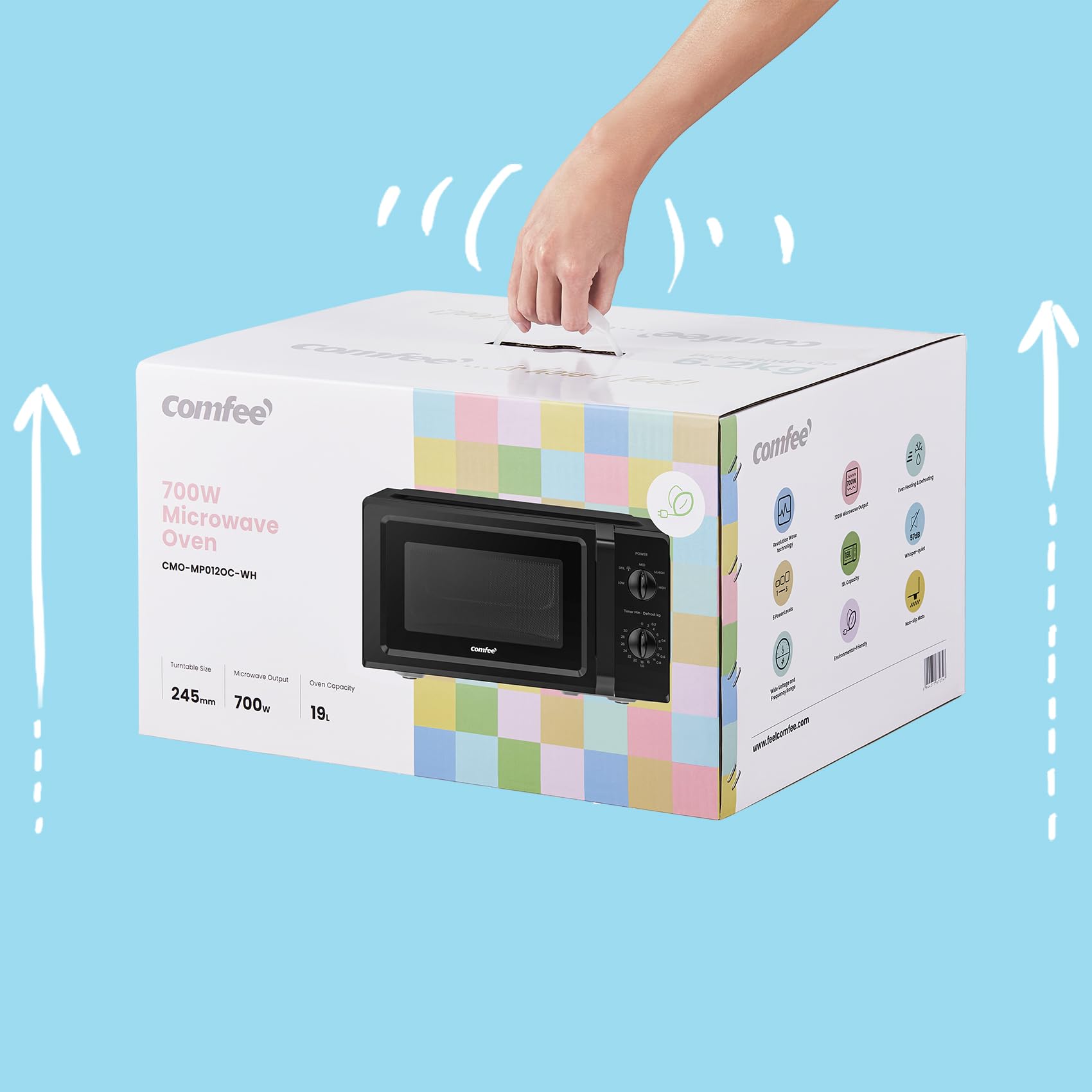 COMFEE' CMO-MP012OC(BK) Micro-ondes Onduleur, 700W de Puissance, 5 Niveaux de Puissance, Décongélation, Minuterie de 30 minutes, 19L, Noir