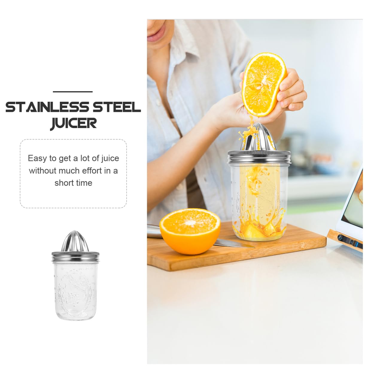 UPKOCH Jar Citrus Juicer Squeezer: 480 ml, acero inoxidable, manual de limonada y zumo de naranja